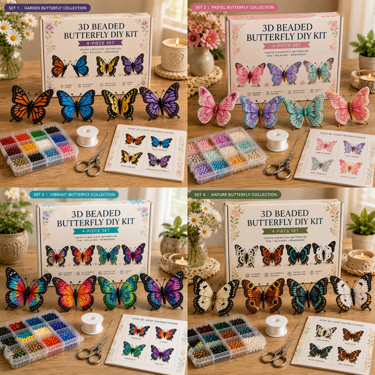 3D Beaded Butterfly DIY Kit – 4-Piece Handmade Butterfly Craft Set