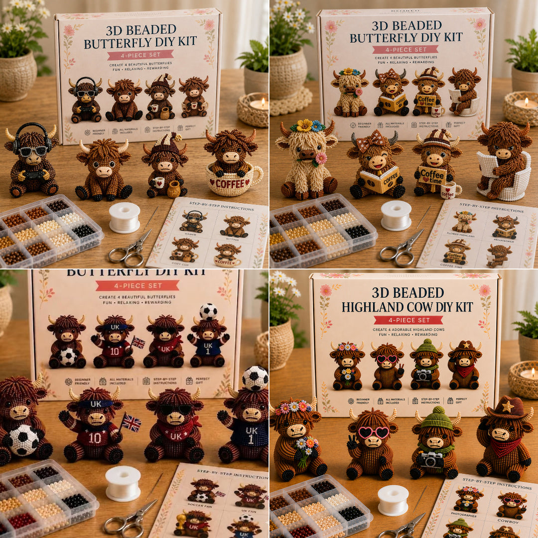 3D Highland Cow DIY Bead Kit – 4 Adorable Handmade Cow Designs Craft Set