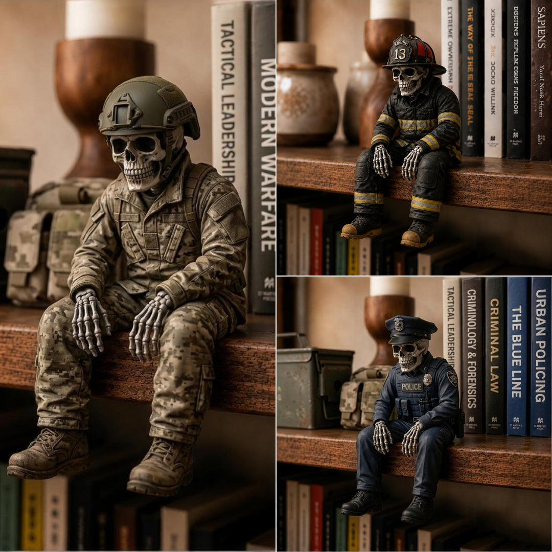 🎖️ Hero Skeleton Shelf Sitters | Firefighter, Police Officer & Soldier Resin Decor