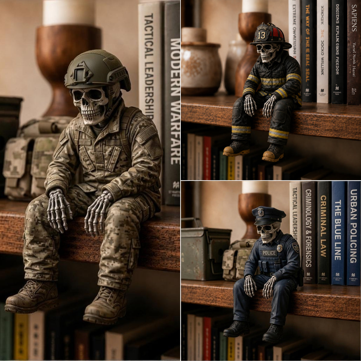 🎖️ Hero Skeleton Shelf Sitters | Firefighter, Police Officer & Soldier Resin Decor