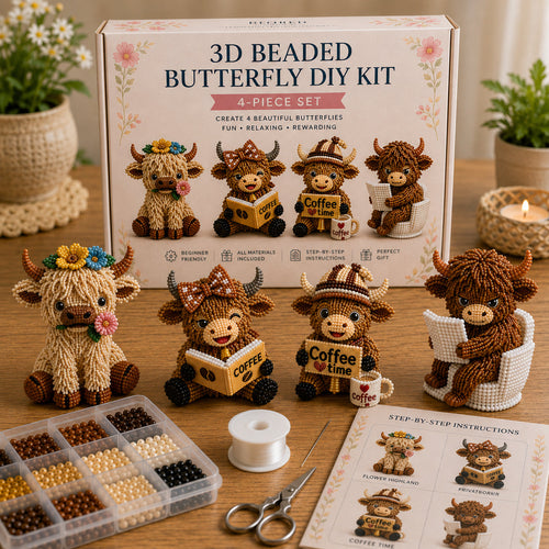 3D Highland Cow DIY Bead Kit – 4 Adorable Handmade Cow Designs Craft Set