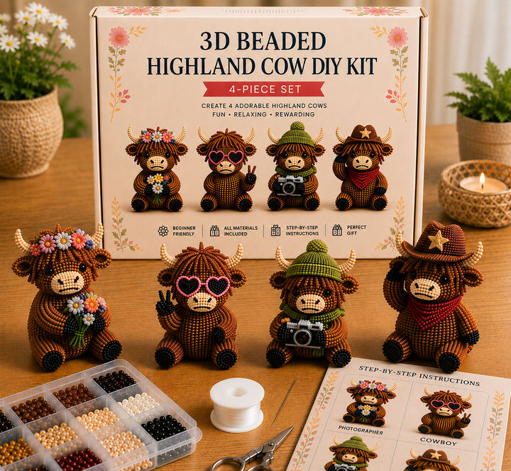 3D Highland Cow DIY Bead Kit – 4 Adorable Handmade Cow Designs Craft Set