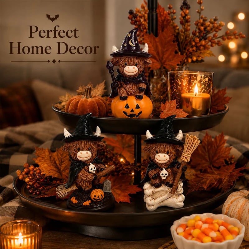 Halloween Highland Cow Witch Ornament – Spooky-Cute Tabletop Decor for Mantel, Shelf & Candy Station