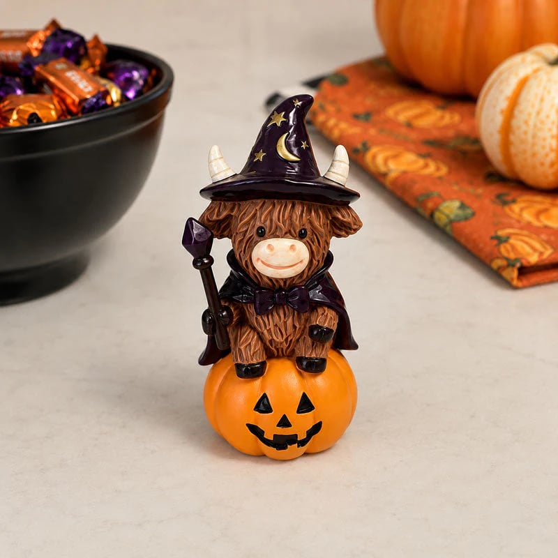 Halloween Highland Cow Witch Ornament – Spooky-Cute Tabletop Decor for Mantel, Shelf & Candy Station