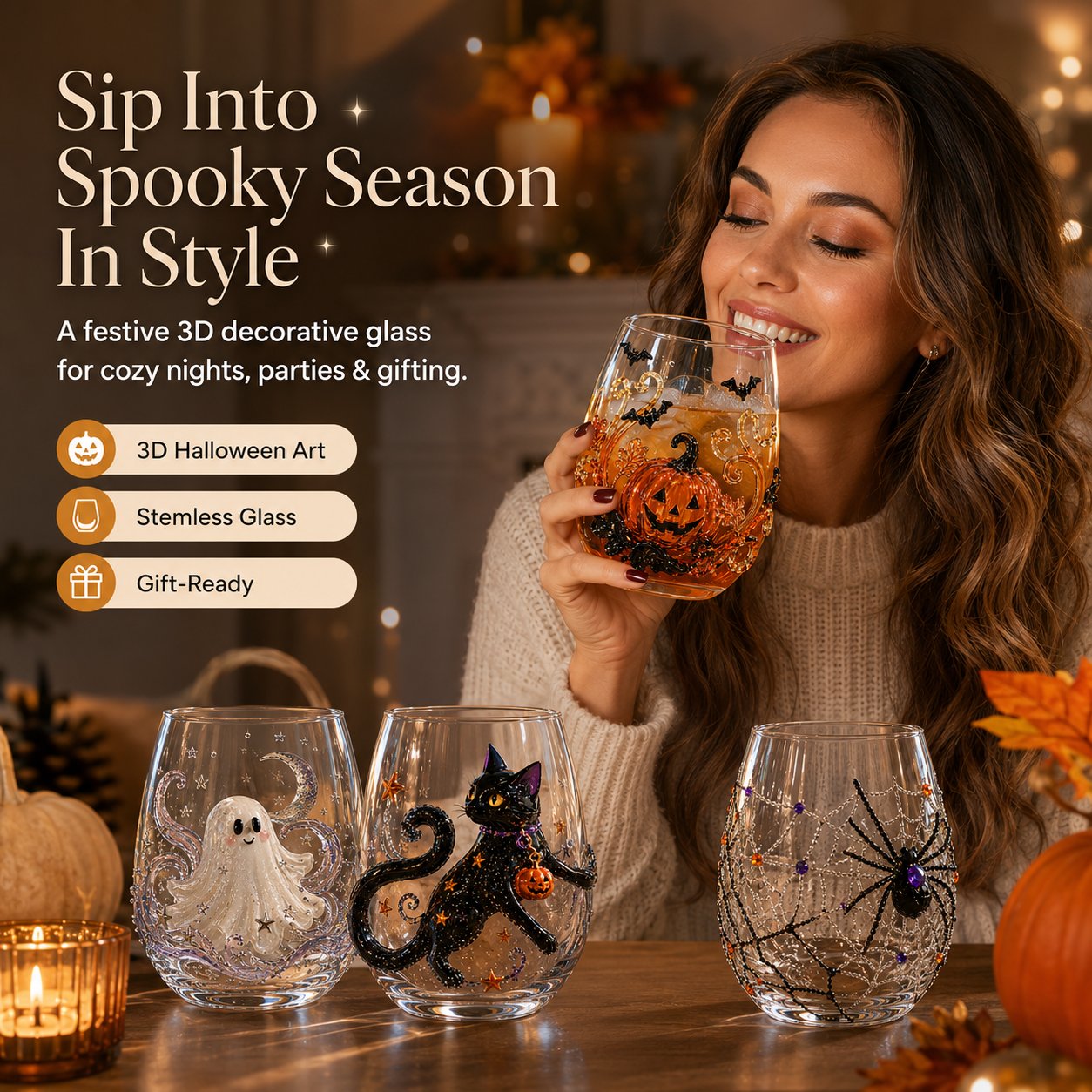 🔥LAST DAY 50% OFF - 🎃 3D Halloween Artisan Glass Cups, Festive Parties & Cozy Fall Home Bar Vibes
