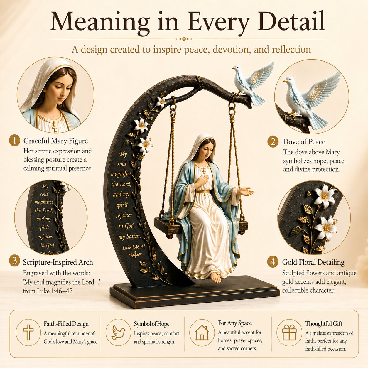 🙏Blessed Mary Cradle Swing Sculpture – Luke 1:46 Faith Table Decor
