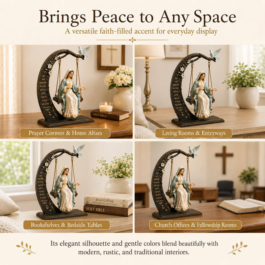 🙏Blessed Mary Cradle Swing Sculpture – Luke 1:46 Faith Table Decor