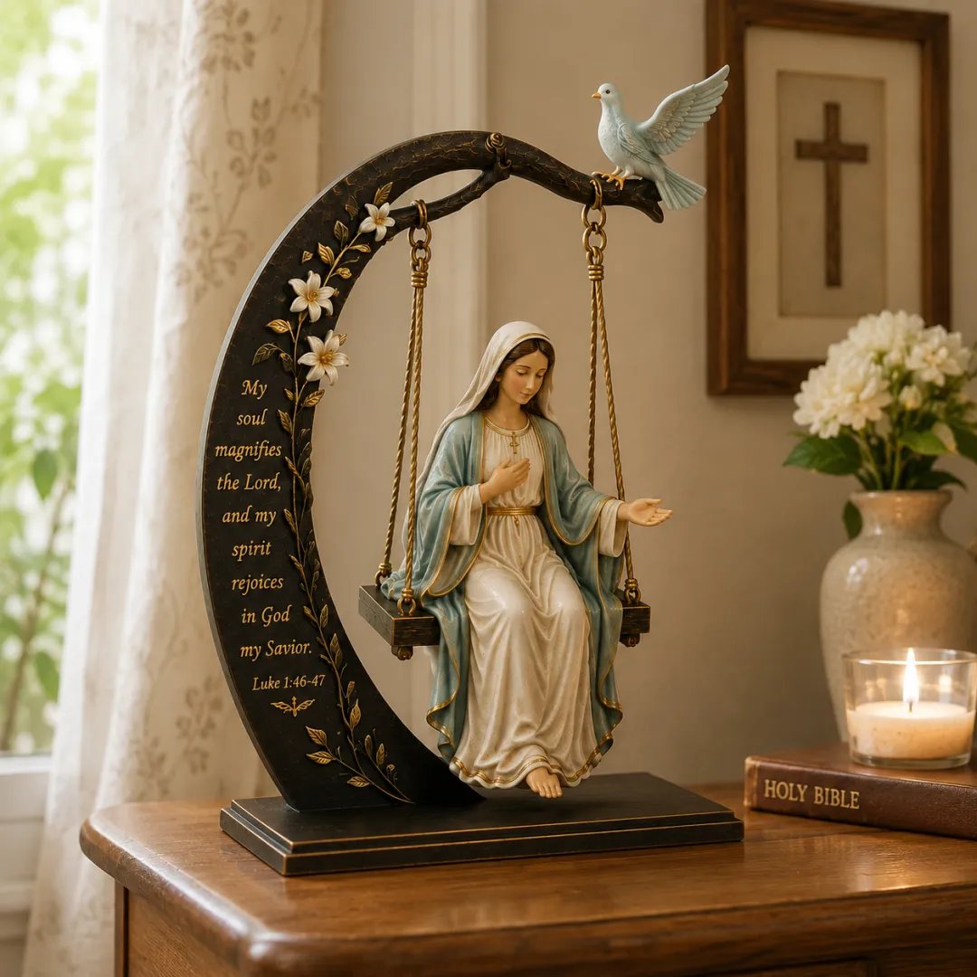 🙏Blessed Mary Cradle Swing Sculpture – Luke 1:46 Faith Table Decor
