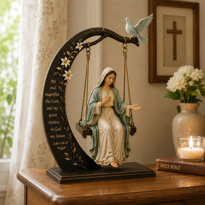 🙏Blessed Mary Cradle Swing Sculpture – Luke 1:46 Faith Table Decor