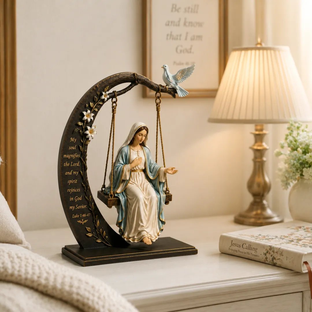🙏Blessed Mary Cradle Swing Sculpture – Luke 1:46 Faith Table Decor