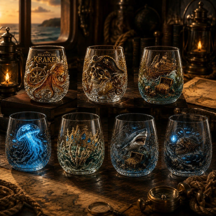 🌊 Release The Kraken Pirate Glass Collection | 7-Piece Legendary Ocean Treasure Crystal Set for Whiskey Lovers & Home Bar Collectors ⚓✨