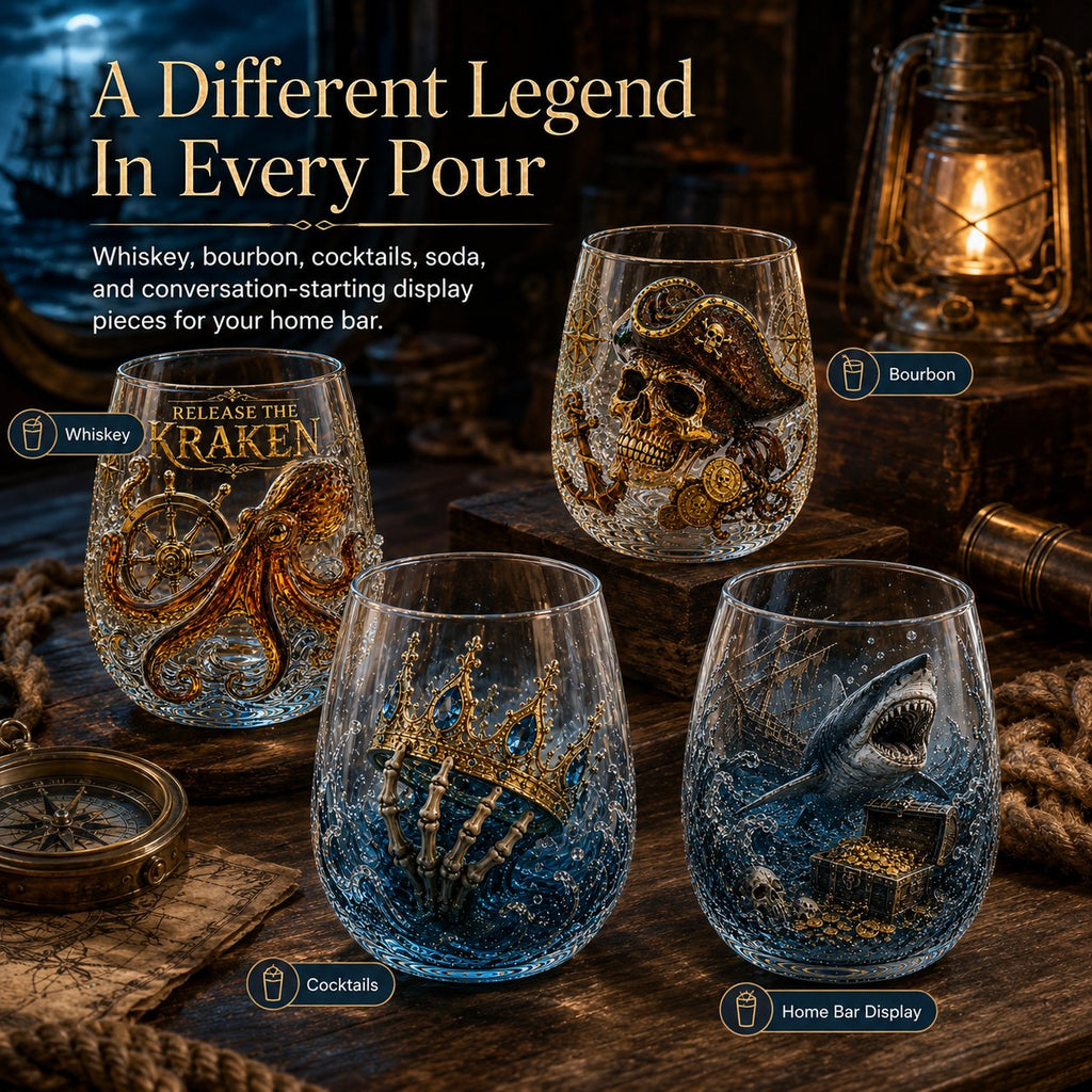 🌊 Release The Kraken Pirate Glass Collection | 7-Piece Legendary Ocean Treasure Crystal Set for Whiskey Lovers & Home Bar Collectors ⚓✨