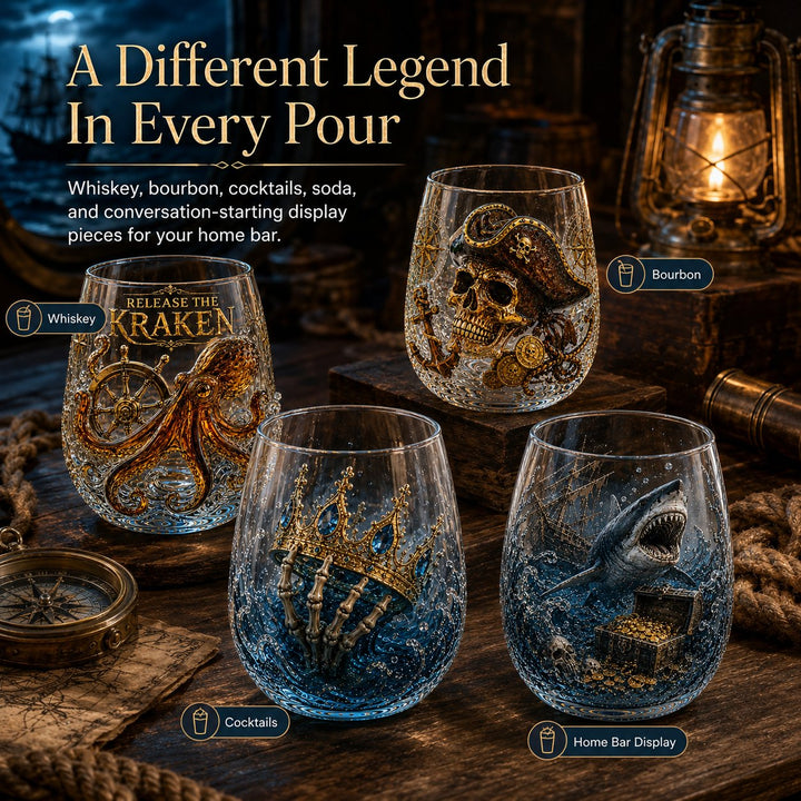 🌊 Release The Kraken Pirate Glass Collection | 7-Piece Legendary Ocean Treasure Crystal Set for Whiskey Lovers & Home Bar Collectors ⚓✨
