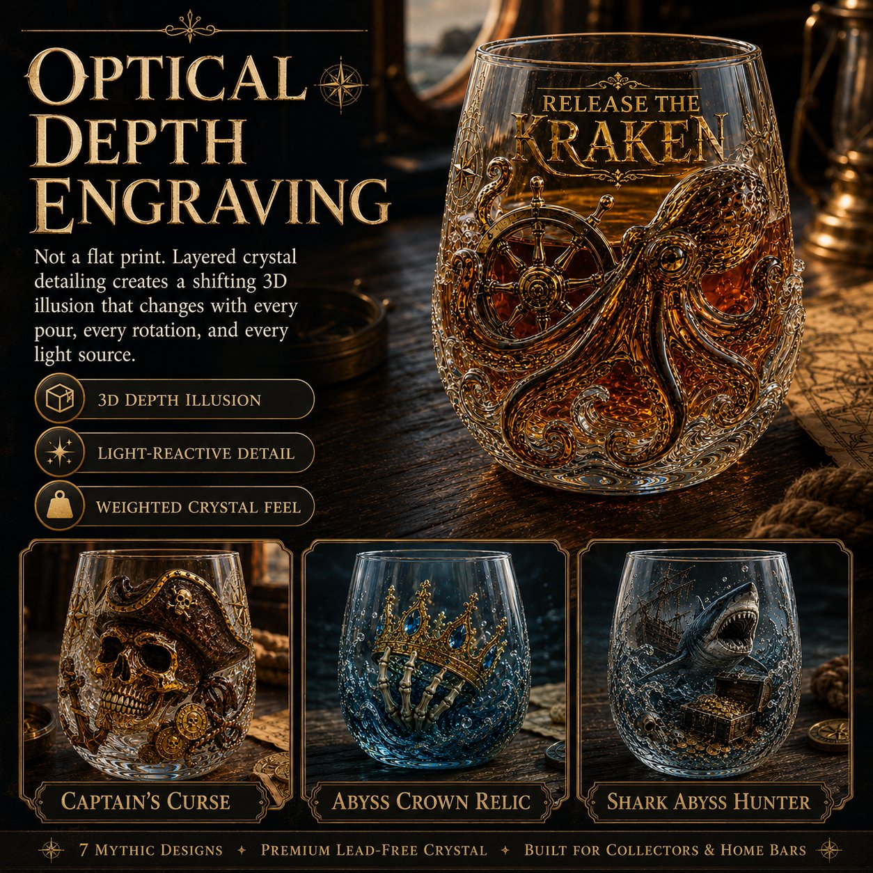 🌊 Release The Kraken Pirate Glass Collection | 7-Piece Legendary Ocean Treasure Crystal Set for Whiskey Lovers & Home Bar Collectors ⚓✨