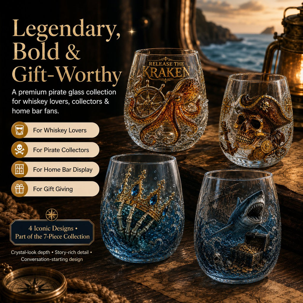 🌊 Release The Kraken Pirate Glass Collection | 7-Piece Legendary Ocean Treasure Crystal Set for Whiskey Lovers & Home Bar Collectors ⚓✨